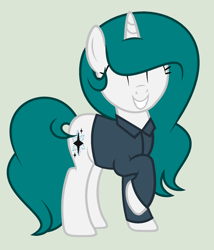 Size: 1872x2192 | Tagged: safe, artist:lominicinfinity, oc, oc only, oc:winter flakes, pony, unicorn, clothes, eyes closed, female, mare, shirt, simple background, smiling, solo