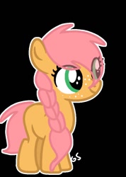 Size: 588x828 | Tagged: safe, artist:angellight-bases, artist:lavenderpetal7, oc, oc only, earth pony, pony, base used, black background, blank flank, eye clipping through hair, female, filly, foal, freckles, green eyes, offspring, orange coat, outline, parent:big macintosh, parent:fluttershy, parents:fluttermac, pink mane, simple background, smiling, solo