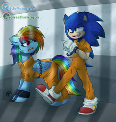 Size: 3500x3683 | Tagged: safe, artist:littlepoisonella, artist:monsethewogon, rainbow dash, g4, bound wings, chains, clothes, cuffs, high res, jail, jumpsuit, male, prison, prison outfit, prisoner rd, sonic the hedgehog, sonic the hedgehog (series), wings