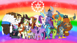 Size: 1280x719 | Tagged: safe, artist:andoanimalia, artist:cheezedoodle96, artist:dashiesparkle, artist:lightningbolt, artist:sketchmcreations, edit, idw, autumn blaze, capper dapperpaws, captain celaeno, chief thunderhooves, gabby, grubber, iron will, king aspen, prince rutherford, princess ember, queen novo, thorax, twilight sparkle, zecora, abyssinian, alicorn, avian, bird, bison, buffalo, cat, changedling, changeling, deer, dragon, griffon, hedgehog, kirin, minotaur, ornithian, parrot pirates, pony, yak, zebra, anthro, g4, my little pony: the movie, dragoness, female, idw showified, king thorax, pirate, show accurate, united nations, united nations day