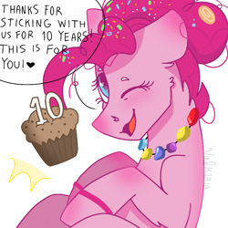 Size: 768x768 | Tagged: safe, artist:valkiria, derpibooru exclusive, pinkie pie, earth pony, pony, mlp fim's tenth anniversary, g4, the last problem, 10, accessory, cute, diapinkes, female, floppy ears, food, gem, happy birthday mlp:fim, heart, looking at you, mare, muffin, older, older pinkie pie, one eye closed, open mouth, sidemouth, smiling at you, solo, speech bubble, talking, talking to viewer