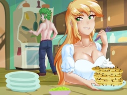 Size: 1280x955 | Tagged: safe, artist:thebrokencog, applejack, spike, human, g4, boob freckles, breasts, busty applejack, chest freckles, chocolate chip pancakes, cleavage, clothes, female, food, fork, freckles, humanized, lidded eyes, lip bite, looking back, looking over shoulder, male, older, older spike, pancakes, partial nudity, plate, ship:applespike, shipping, straight, topless, whipped cream