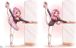 Size: 3600x2271 | Tagged: safe, artist:king-kakapo, fluttershy, human, g4, ballerina, ballet slippers, breasts, busty fluttershy, cleavage, clothes, cute, female, high res, humanized, leg in air, leotard, lifted leg, one eye closed, pantyhose, partially undressed, shyabetes, skirt, solo, standing splits, stretching, tutu