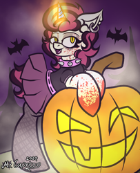 Size: 3000x3700 | Tagged: safe, artist:mrcapriccio, oc, oc only, oc:dolce spiaro, bat, pony, unicorn, vampire, bipedal, blood, clothes, costume, female, forest, glowing horn, goth, halloween, halloween costume, high res, holiday, horn, jack-o-lantern, magic, makeup, mare, open mouth, piercing, pumpkin, punk, raised hoof, raised tail, skirt, solo, tail