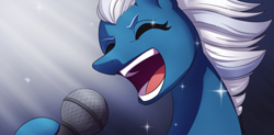 Size: 1024x502 | Tagged: safe, artist:rainspeak, oc, oc only, pegasus, pony, commission, eyes closed, microphone, my hero academia, not night glider, open mouth, ponified, singing, solo, sparkles