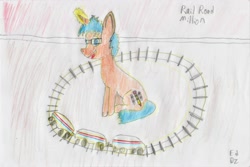 Size: 2698x1803 | Tagged: safe, artist:ed dz, derpibooru exclusive, oc, oc only, oc:railroadmillion, pony, unicorn, blue mane, male, solo, stallion, traditional art, train