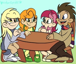 Size: 1280x1074 | Tagged: safe, artist:mirabuncupcakes15, carrot top, derpy hooves, doctor whooves, golden harvest, roseluck, time turner, human, g4, carrotluck, chair, clothes, commission, converse, cup, dark skin, date, double date, dress, drink, female, fourth doctor's scarf, humanized, jeans, lesbian, male, mary janes, open mouth, overalls, pants, scarf, ship:doctorderpy, shipping, shoes, socks, stockings, straight, straw, striped scarf, sweater, table, thigh highs