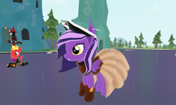 Size: 1280x768 | Tagged: safe, oc, oc:nightshade, bat pony, pony, legends of equestria, clothes, dress, fangs, game, game screencap, hat, pirate hat, steampunk, video game