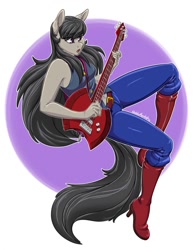 Size: 989x1280 | Tagged: safe, artist:hobbsmeerkat, octavia melody, vampire, anthro, g4, adventure time, axe, axe bass, bass guitar, boots, clothes, crossover, floating, guitar, hard rock, jeans, long hair, male, marceline, musical instrument, pants, reference, rock (music), rocktavia, shoes, solo, tank top, weapon