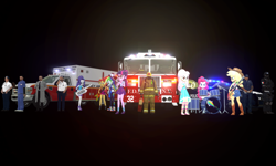 Size: 5120x3072 | Tagged: safe, artist:n3onh100, applejack, fluttershy, pinkie pie, rainbow dash, rarity, sci-twi, sunset shimmer, twilight sparkle, equestria girls, g4, 3d, ambulance, bass guitar, converse, doctor, drums, fire axe, fire engine, fire extinguisher, firefighter, guitar, humane five, humane seven, humane six, keytar, microphone, musical instrument, nurse, paramedic, police car, police officer, shoes, tambourine, the rainbooms