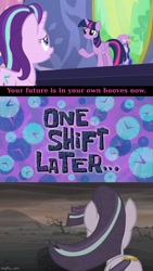 Size: 500x886 | Tagged: safe, edit, edited screencap, editor:rarity vrymer collective, screencap, starlight glimmer, twilight sparkle, alicorn, pony, celestial advice, g4, my little pony: friendship is magic, the cutie re-mark, alternate timeline, appointment tv, ashlands timeline, barren, discovery family, discovery family logo, future, imgflip, implied genocide, logo, post-apocalyptic, spongebob squarepants, spongebob time card, twilight sparkle (alicorn), wasteland, you had one job