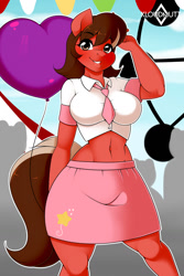 Size: 853x1280 | Tagged: safe, artist:kloudmutt, oc, oc only, earth pony, anthro, balloon, belly button, breasts, carnival, clothes, digital art, female, looking at you, skirt, smiling, smiling at you, solo, tail