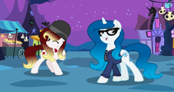 Size: 3842x2046 | Tagged: safe, artist:darbypop1, oc, oc only, oc:destiny blood, oc:vivera belle, pony, unicorn, bowtie, clothes, costume, derby (hat), female, glasses, hat, high res, laurel and hardy, mare, nightmare night costume, shirt