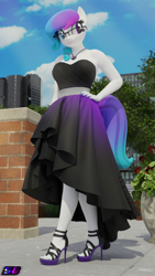 Size: 2160x3840 | Tagged: safe, artist:shadowboltsfm, oc, oc only, oc:aurora starling, anthro, plantigrade anthro, 3d, anthroponiessfm's birthday, blender, breasts, clothes, cute, dress, feet, glasses, hand on hip, heterochromia, high heels, high res, jewelry, open-toed shoes, pendant, shoes, solo, standing, toes