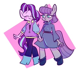 Size: 968x878 | Tagged: safe, artist:artsycatnip, maud pie, starlight glimmer, earth pony, unicorn, anthro, g4, blushing, clothes, cute, female, glimmerbetes, holding hands, lesbian, looking at each other, maudabetes, shipping, smiling, starmaud