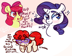 Size: 1008x792 | Tagged: safe, artist:unclecucky, apple bloom, rarity, twist, earth pony, pony, unicorn, g4, blushing, bow, crying, dialogue, female, filly, glasses, heart, mare, neigh, open mouth, sad, smiling, sparkles