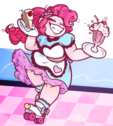 Size: 648x719 | Tagged: safe, artist:unclecucky, pinkie pie, equestria girls, g4, apron, blushing, cake, cherry, chubby, clothes, cute, diapinkes, dress, drinking straw, eyes closed, female, food, grin, heart, milkshake, plate, roller skates, server pinkie pie, smiling, solo, strawberry