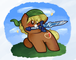 Size: 598x474 | Tagged: safe, artist:unclecucky, quarter hearts, earth pony, pony, g4, blushing, chibi, cloud, cute, dot eyes, hat, link, male, master sword, mouth hold, quarterbetes, raised hoof, solo, sparkles, stallion, sword, the legend of zelda, weapon