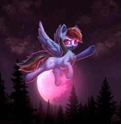 Size: 2140x2180 | Tagged: safe, artist:muggod, rainbow dash, pegasus, pony, g4, blood moon, cloud, colored pupils, female, flying, forest, glowing eyes, halloween, high res, holiday, looking at you, mare, mare in the moon, moon, moonlight, multicolored hair, night, open mouth, outdoors, raised hoof, sky, smiling, smirk, solo, wings