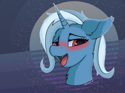 Size: 1887x1410 | Tagged: safe, artist:commpony, trixie, pony, unicorn, g4, blushing, bust, cute, cute little fangs, fangs, open mouth, red eyes, solo, tongue out
