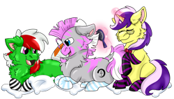 Size: 3500x2000 | Tagged: safe, artist:euspuche, oc, oc only, oc:chifundo, oc:scopola mina, oc:wandering sunrise, pony, fallout equestria, fallout equestria: dead tree, chest fluff, clothes, female, high res, mare, pillow, pose, simple background, smiling, socks, striped socks, transparent background