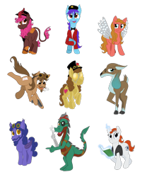 Size: 2500x3000 | Tagged: safe, artist:sixes&sevens, bat pony, cyborg, deer, dragon, earth pony, kirin, pegasus, pony, unicorn, artificial wings, ashes o'reilly, augmented, baron marius von raum, bat ponified, book, deerified, dragonified, drumbot brian, gun, gunpowder tim, hat, high res, ivy alexandria, jonny d'ville, kirin-ified, mechanical wing, nastya rasputina, ponified, race swap, raphaella la cognizi, simple background, species swap, steampunk goggles, the mechanisms, top hat, toy soldier, transparent background, weapon, wings