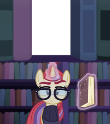 Size: 800x900 | Tagged: safe, edit, edited screencap, screencap, moondancer, pony, unicorn, amending fences, g4, book, bookshelf, clothes, confused, female, glasses, library, looking at you, magic, mare, simple background, solo, surprised, template, transparent background