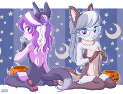 Size: 1200x918 | Tagged: safe, artist:uotapo, diamond tiara, silver spoon, equestria girls, g4, animal costume, ass, butt, candy, clothes, costume, cute, diamond buttiara, diamondbetes, food, fursuit, glasses, halloween, halloween costume, holiday, lollipop, looking at you, open mouth, paw pads, paws, silverbetes, toe beans, tongue out, underpaw, uotapo is trying to murder us, weapons-grade cute, wolf costume