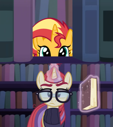Size: 800x900 | Tagged: safe, artist:ace play, edit, edited screencap, screencap, moondancer, sunset shimmer, pony, unicorn, amending fences, g4, book, bookshelf, character swap, clothes, confused, cute, dancerbetes, female, glasses, glowing horn, head, horn, library, looking at you, magic, mare, peeking, shimmerbetes, soon, spying, surprised, sweet dreams fuel