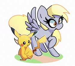 Size: 1661x1461 | Tagged: safe, artist:kindakismet, derpy hooves, pegasus, pikachu, pony, g4, crossover, cute, pokémon