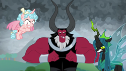 Size: 1920x1080 | Tagged: safe, screencap, cozy glow, lord tirek, queen chrysalis, alicorn, centaur, changeling, changeling queen, pony, g4, the ending of the end, alicornified, angry, cozycorn, female, filly, male, nose piercing, nose ring, piercing, race swap, septum piercing, ultimate chrysalis