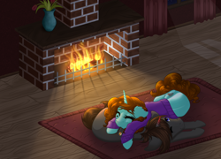 Size: 3454x2480 | Tagged: safe, artist:nuumia, oc, oc only, pony, unicorn, female, fireplace, high res, lying down, mare, prone