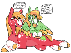 Size: 935x700 | Tagged: safe, artist:fastserve, big macintosh, oc, oc:melody tune, earth pony, pegasus, pony, g4, dialogue, duo, father and child, father and daughter, female, magical gay spawn, male, offspring, parent:big macintosh, parent:zephyr breeze, parents:zephyrmac, simple background, transparent background