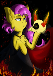 Size: 994x1427 | Tagged: safe, artist:yuris, fluttershy, pegasus, pony, g4, cape, clothes, fire, halloween, holiday, skull, solo