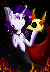 Size: 994x1427 | Tagged: safe, alternate character, alternate version, artist:yuris, rarity, pony, unicorn, g4, cape, clothes, fire, halloween, holiday, skull, solo