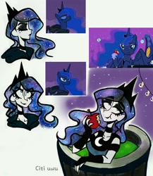 Size: 1747x2015 | Tagged: safe, artist:citi, screencap, princess luna, alicorn, human, g4, luna eclipsed, apple, eyeshadow, food, goth, humanized, makeup, scene interpretation, screencap reference, starry hair