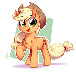 Size: 1358x1359 | Tagged: safe, artist:theart_ofvago, applejack, earth pony, pony, abstract background, chest fluff, cowboy hat, cute, cutie mark, eye clipping through hair, eyebrows, eyebrows visible through hair, female, freckles, happy, hat, jackabetes, looking at you, mare, open mouth, raised hoof, smiling, smiling at you, solo