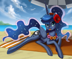 Size: 2000x1644 | Tagged: safe, artist:johnjoseco, princess luna, alicorn, pony, g4, :p, beach, beach towel, beach umbrella, concave belly, cute, digital art, female, flower, flower in hair, heart, lei, looking at you, lunabetes, ocean, slender, solo, tall, thin, tongue out