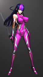 Size: 2160x3840 | Tagged: safe, artist:vladichslg, twilight sparkle, human, g4, 3d, big breasts, breasts, clothes, cosplay, costume, female, high res, humanized, katana, latex, simple background, source filmmaker, suit, sword, taimanin asagi, test, weapon
