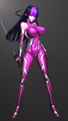 Size: 2160x3840 | Tagged: safe, artist:vladichslg, twilight sparkle, anthro, g4, 3d, big breasts, breasts, clothes, cosplay, costume, female, high res, katana, latex, simple background, source filmmaker, suit, sword, taimanin asagi, test, weapon