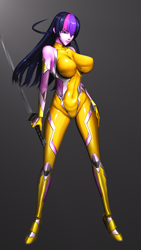 Size: 2160x3840 | Tagged: safe, alternate version, artist:vladichslg, twilight sparkle, human, anthro, g4, 3d, big breasts, breasts, clothes, cosplay, costume, female, gold, high res, humanized, katana, latex, simple background, source filmmaker, suit, sword, taimanin asagi, test, weapon