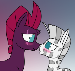 Size: 1400x1326 | Tagged: oc name needed, safe, artist:dacaoo, tempest shadow, oc, pony, unicorn, zebra, g4, blushing, boop, broken horn, canon x oc, eye scar, female, horn, larger female, male, noseboop, scar, shipping, size difference, smaller male, zebra oc