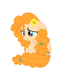 Size: 1530x1980 | Tagged: safe, artist:third uncle, pear butter, earth pony, pony, g4, the perfect pear, bed, cropped, crying, cute, daaaaaaaaaaaw, female, flower, flower in hair, looking down, mare, pearabetes, sad, sadorable, simple background, sitting, solo, transparent background