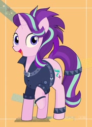 Size: 871x1200 | Tagged: safe, artist:ch-chau, gameloft, starlight glimmer, pony, unicorn, g4, alternate hairstyle, clothes, edgelight glimmer, female, jacket, looking at you, mare, open mouth, punk, raised hoof, smiling, solo