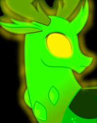 Size: 1746x2219 | Tagged: safe, artist:dashiesparkle, artist:mellow91, edit, vector edit, thorax, oc, oc only, oc:the supreme being, changedling, changeling, g4, triple threat, black background, bust, changeling king, frown, glowing eyes, king thorax, looking back, male, possessed, raised hoof, simple background, solo, vector, yellow eyes