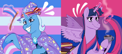 Size: 1080x480 | Tagged: source needed, safe, artist:zaturn7z, trixie, twilight sparkle, alicorn, pony, unicorn, g4, bisexual pride flag, book, cape, clothes, cup, female, food, gender headcanon, glowing horn, hat, headcanon, horn, lesbian, lesbian pride flag, levitation, lgbt headcanon, magic, mare, nonbinary, nonbinary pride flag, pride, pride flag, sexuality headcanon, ship:twixie, shipping, t4t, tea, teacup, telekinesis, trans female, trans trixie, trans twilight sparkle, transgender, transgender pride flag, trixie's cape, trixie's hat, twilight sparkle (alicorn)