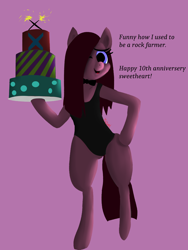 Size: 3000x4000 | Tagged: safe, artist:tazool, derpibooru exclusive, pinkie pie, pony, semi-anthro, mlp fim's tenth anniversary, g4, 10, anniversary, arm hooves, bipedal, cake, clothes, female, food, leotard, mare, pinkamena diane pie, simple background, solo, sparkles, standing