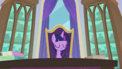 Size: 1280x720 | Tagged: safe, screencap, twilight sparkle, alicorn, pony, g4, marks for effort, animated, blinking, book, chair, cute, solo, twiabetes, twilight sparkle (alicorn)