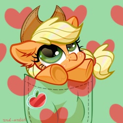Size: 3000x3000 | Tagged: safe, artist:rrd-artist, applejack, earth pony, pony, g4, :t, blushing, chibi, cute, ear fluff, female, floppy ears, high res, jackabetes, looking up, mare, pocket, pocket pony, solo, stuck, tiny, tiny ponies, underhoof, weapons-grade cute