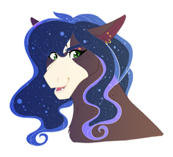Size: 1280x1163 | Tagged: safe, artist:vintagefeline, oc, oc only, oc:mystic moon, earth pony, pony, bust, ear piercing, earring, earth pony oc, ethereal mane, female, jewelry, mare, offspring, parent:princess luna, parent:trouble shoes, parents:troubleluna, piercing, simple background, solo, starry mane, transparent background